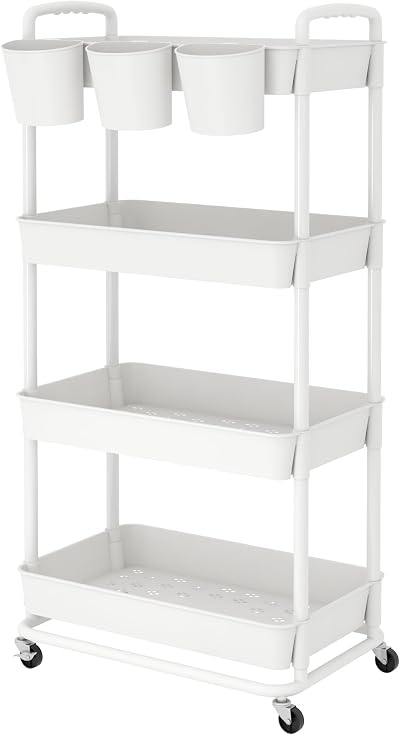 JIUYOTREE 4-Tier Plastic Rolling Storage Cart with Lockable Wheels White