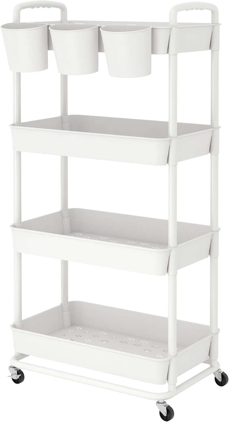 JIUYOTREE 4-Tier Plastic Rolling Storage Cart with Lockable Wheels White