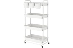 JIUYOTREE 4-Tier Plastic Rolling Storage Cart Utility Cart with Extra Hanging Cups Handles Lockable Wheels for Living Room Ba