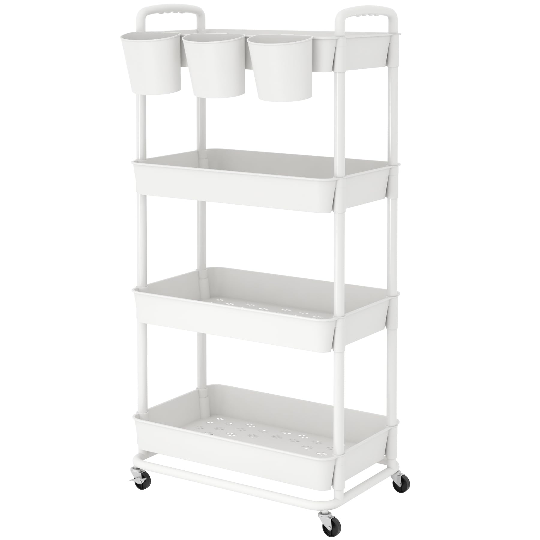 Photo 1 of JIUYOTREE 4-Tier Plastic Rolling Storage Cart Utility Cart with Extra Hanging Cups Handles Lockable Wheels for Living Room Bathroom Kitchen Office White