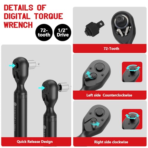 SUERCUP 1/2" Drive Digital Torque Wrench, 3.8-250.8Ft.Lb/5.1-340Nm, ±1% Accuracy, Electronic Torque Wrench with Vibration/Buzzer/LED, 9 Presets & 5 Units, for Lug Nuts, Suspension, Brakes & Moto