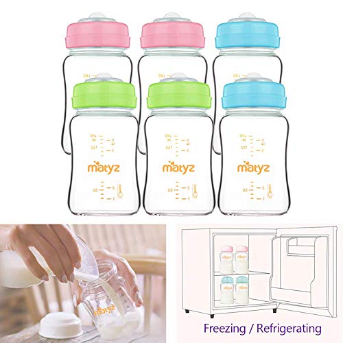Matyz 6Pack Borosilicate Glass Breast Milk Bottles (6 oz, 3 Colors