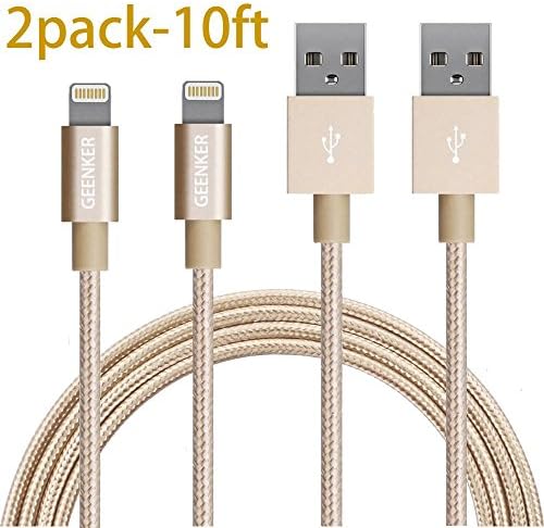 Lightning Cable, GEENKER 2Pack 10ft Nylon Braided 8pin Charging Cable Extra Long USB Cord for iphone 7, 7plus, se, 6s, 6s plus, 6plus, 6,5s 5c 5,iPad Mini, Air,iPad5,iPod on iOS9 - Gold
