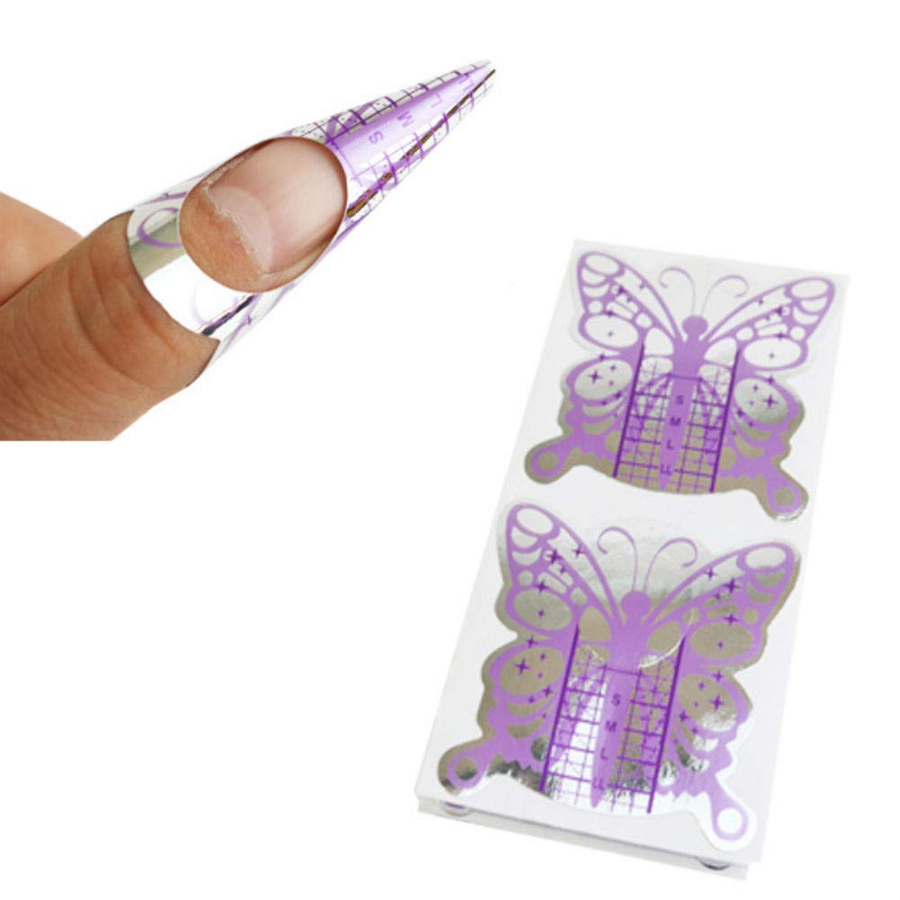 100 Pieces Purple Butterfly Shape Nail Form Pro Nail Art Guide Form Acrylic Tips UV Gel Extension Stickers Guide Stencil Manicure Tools for Nail Polish Guide
