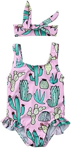 Cenhope Infant Baby Girls One-Piece Swimsuit Toddler Girl Cactus Sleeveless Ruffles Swimwear Beachwear with Headband