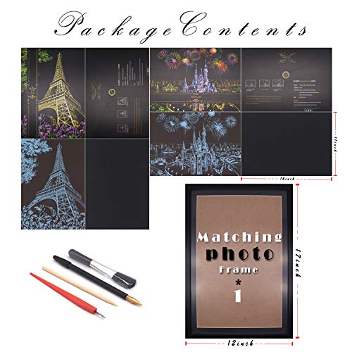 BOTEEN Scratch Painting Rainbow Paper by BOTEEN, Scratch DIY Art Craft City Series Night View Creative Gift, Scratchboard for Adults and Kids ,Craft Kits with 4 Tools&Photo Fram,Size:16''x11''