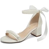 PALSCOU Block Heel Wedding Sandals, Pearl Embellished Ankle Strap, Low Heel Bridal Shoes for Women, Size EU 36-41