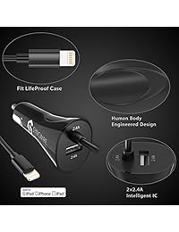 Cargador de Coche iPhone USB syncwire 4,8 A 24 W adaptador de cargador de coche con cable Lightning [Apple MFi] para iPhone 7 Plus 6 6S Plus 5S 5 5 C se, iPad, Samsung Galaxy S8 + S8 S7 S6 Edge & más negro