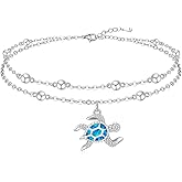 Sea Turtle Anklet Opal Turtle Anklets Ankle Bracelets for Women 925 Sterling Sliver Jewelry Pendant Beaded Multi Layers Adjustable Sea Shell Beach Foot Marine Animal Birthday Hawaii