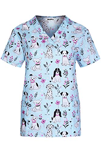 MedPro Women's Printed Medical Scrub Set V-Neck Top and Pants Blue XL