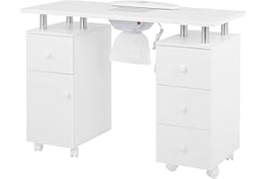 LUXMARS Manicure Table for Technician, Nail Table Nail Desk w/Electric Dust Collector & Wrist Rest Cushion, Acetone Resistant Nail Table Station w/Lockable Wheels & Drawers & Cabinet - White