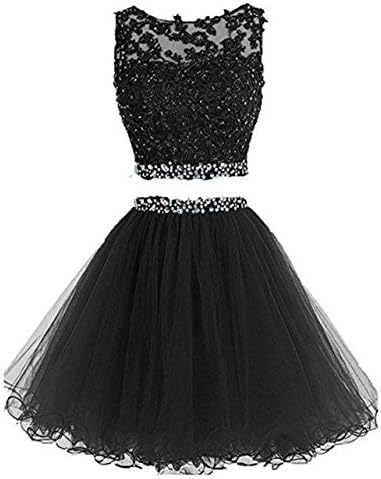 Henglizh Little Black Cocktail Party Dress Backless Lace 2 Piece Prom Dresses For Teens Girls,US6
