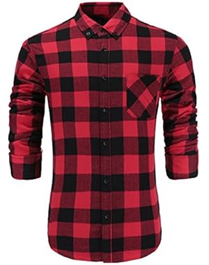 Men’s 100% Cotton Slim Fit Long Sleeve Button-Down Plaid Dress Shirt