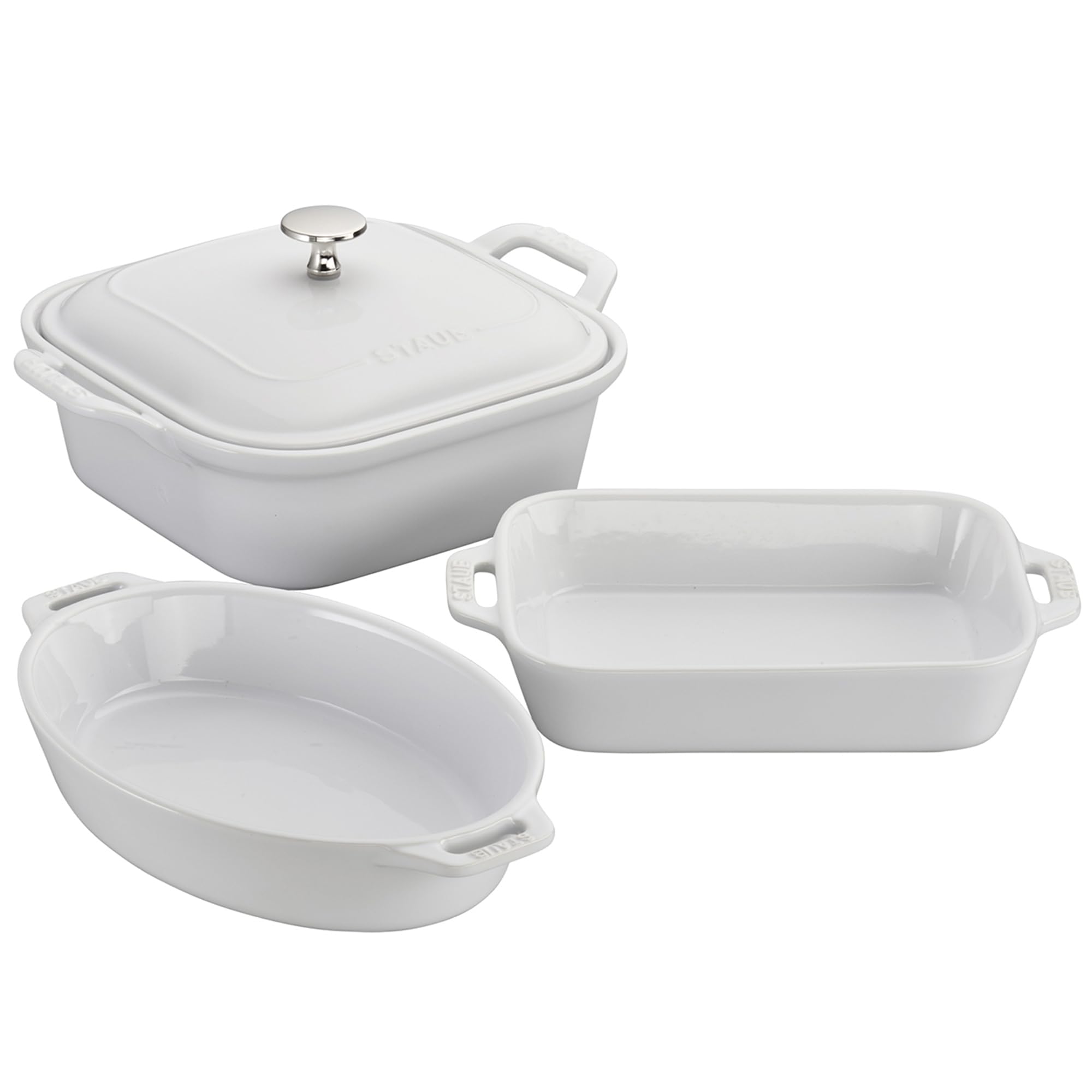 Staub Ceramics 4-pc Baking Pans Set, Casserole Dish with Lid, Brownie Pan, White Image