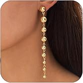 Simple Gold Long Beaded Tassel Ball Drop Dangle Earrings for Women Trendy, Statement Silver Beads Round Ball Dangly Stud Earring Party Prom Jewelry Gifts