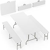 Bonnlo White Folding Picnic Table Set with 2 Benches, 6 Feet Camping Table Chair Set, Modern Portable 3-Piece Furniture for I