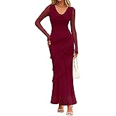 MEROKEETY Women's Fall Floral Long Sleeve Maxi Dress 2026 Cowl Neck Wedding Guest Ruffle Mesh Cocktail Bodycon Formal Dresses