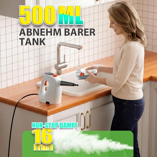 Handheld Steam Cleaner 1200 W, 500 ml Removable Water Tank with Detergent Dispenser, Removes Grease and Dirt, Steam Cleaner Handheld Device for Kitchen, Bathroom, Grouts, Windows & Household