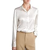 FEELITS Womens 100% Mulberry Silk Blouse, 22 Momme Silk Collared Neck Long Sleeve Button Down Shirts, Elegant Casual Work Top