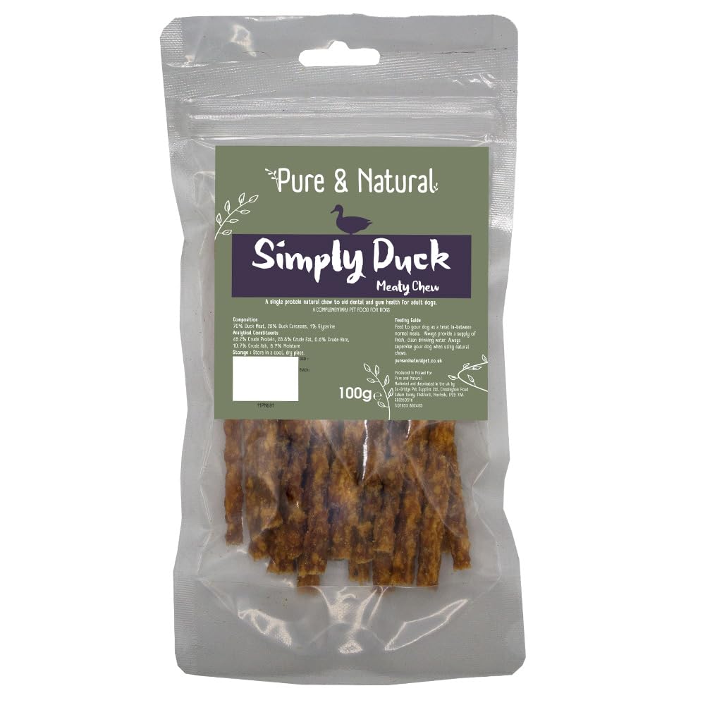 Pure & Natural Simply Duck Meaty Sticks - Natural Duck Chews for Dogs, Grain-Free, Low Fat, Healthy Dog Treats - 100g Bag