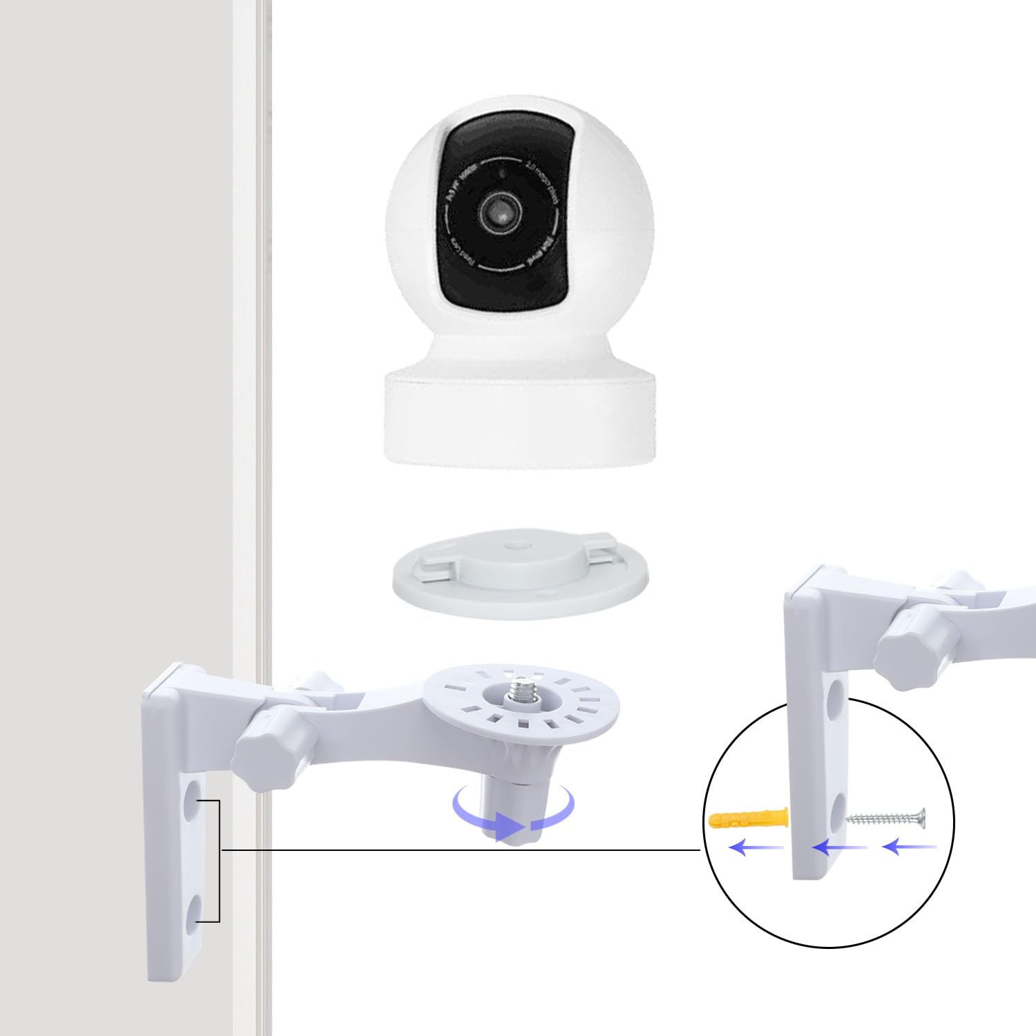 Wall Mount Compatible with TP-Link Tapo C210/ C200 and Kasa Indoor Pan EC70/ EC71/ KC410S, Adjustable Angles Bracket 180 Degree Rotation Easy to Install Security Camera Bracket/Holder, 2 Pack