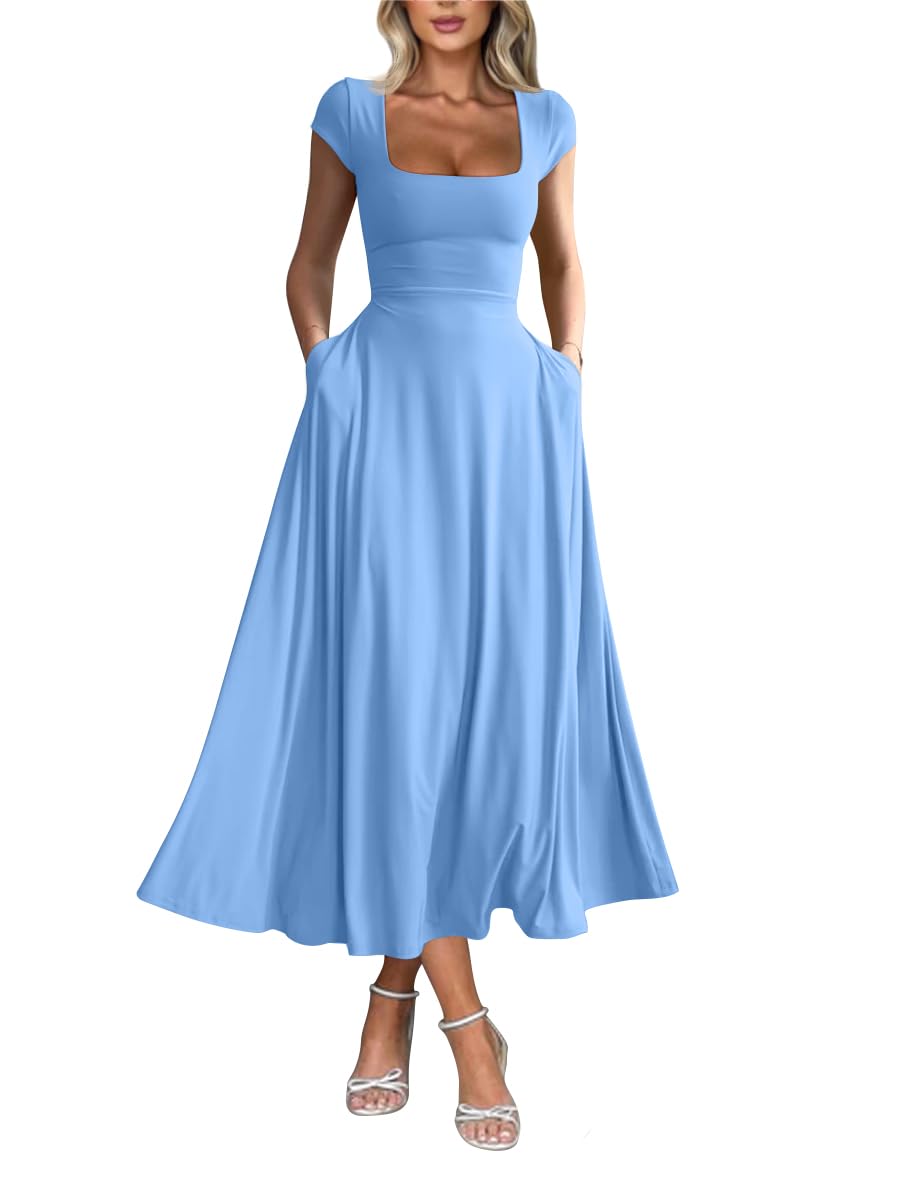 Photo 1 of ** STAINED ** YMDUCH Women's Casual Short Sleeve Square Neck Solid Slim Flowy Maxi Dress with Pockets Sky Blue