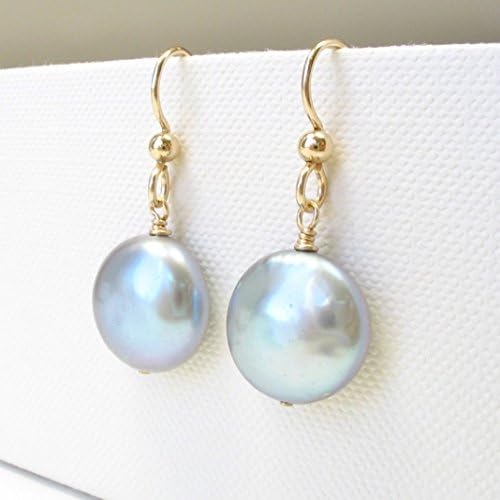 Large Gray Cultured Freshwater Coin Pearl Earrings 14K Gold Filled