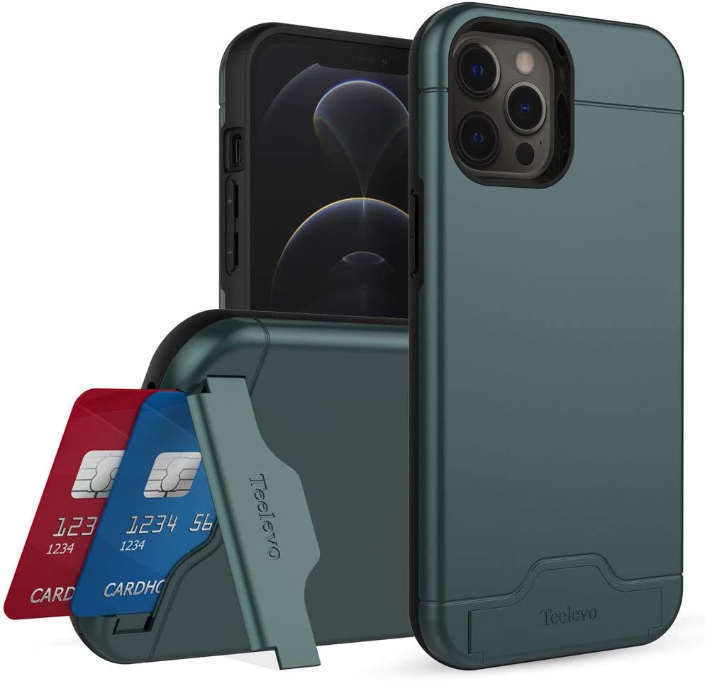 Teelevo Wallet Case for iPhone 12 Pro Max, Dual Layer Case with Card Slot Holder and Kickstand for iPhone 12 Pro Max - Dark Green