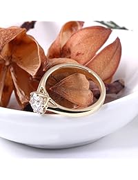 Anillo de compromiso DovEggs de oro amarillo sólido de 10 quilates de 1,0 quilates de color H de 0.094 in de ancho con diamantes de imitación de moissanita para mujer
