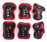 Eruner Children's Roller Blading [Thickening Knee Pads] - 6 Pcs Knee Wrist Elbow Pads Guard Skating Ski Biking Protective Gear (Black & Red)