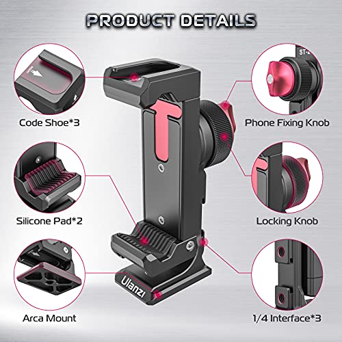 ULANZI ST-27 Aluminum Phone Tripod Mount w/ 3 Cold Shoes, Arca-Swiss Cell Phone Tripod Mount Adapter w/ 3 1/4" Interfaces, 360° Adjustable Tripod Bracket Holder
