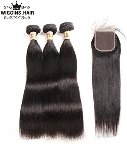 Virgin Hair Straight Bundles with Lace Closure Remy Human Hair Extensions Weave Unprocessed 3 Bundles with 4x4 Free Part Lace Closure Natural Color (16 18 20 w 14)