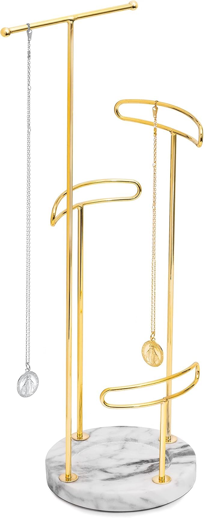 Sasha Morel 4 Tier Jewellery Stand | Hanging Tree Jewellery Organiser | Necklace Stand with Marble tray | Ring Holder Organiser Storage for Bracelet, Earring, Watch - (Gold) โ image 1