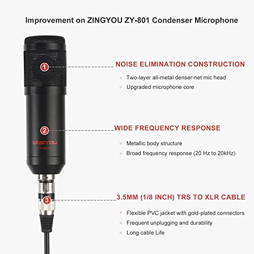 ZINGYOU ZY-801 Professional Studio Microphone, Desktop Computer Cardioid Condenser Mic with Tripod for PC Recording, Broadcasting (Black)