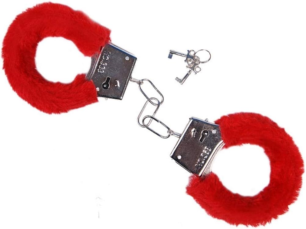 Partydeco-KJD-007 Handschellen mit Plüsch für Männer, Frauen, Rot, KJD