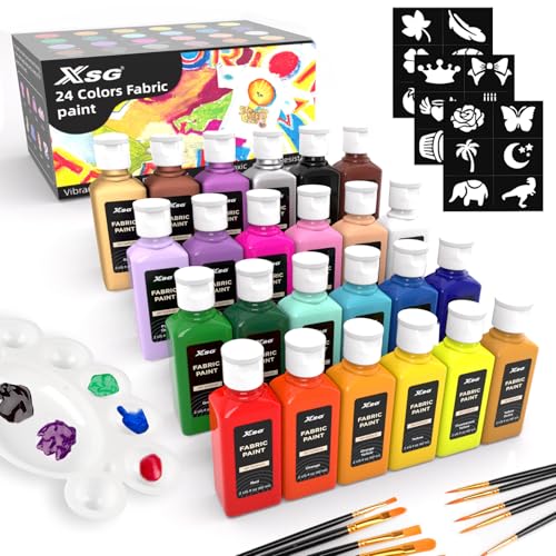 24 Colors Fabric Paint For Clothes Permanent, Soft Fabric Paint in Bottles with 10 Brushes ，Stencils& Palette,Non-Toxic Textile Paint for Shoes，Jeans ，Bags& DlY Projects(60ml/2oz)