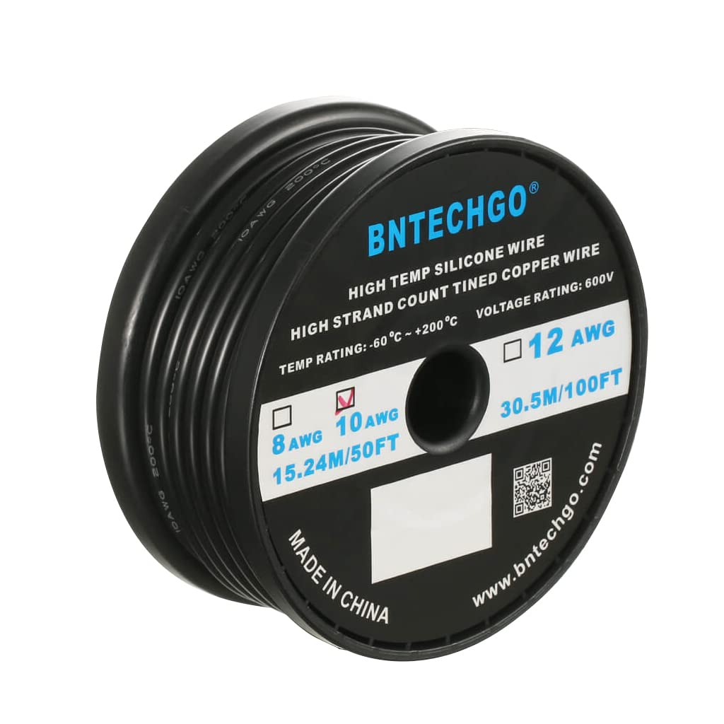BNTECHGO 10 Gauge Silicone Wire Spool Black 50 ft Ultra Flexible High Temp 200 deg C 600V 10 AWG Silicone Rubber Wire 1050 Strands of Tinned Copper Wire Stranded Wire for Model Low Impedance โ image 1