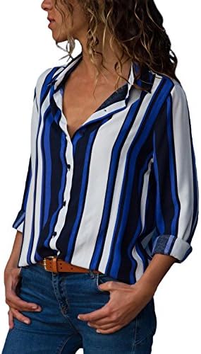 YOOKI Women's Button Down Long Sleeve Color Block Stripes Blouses Tops