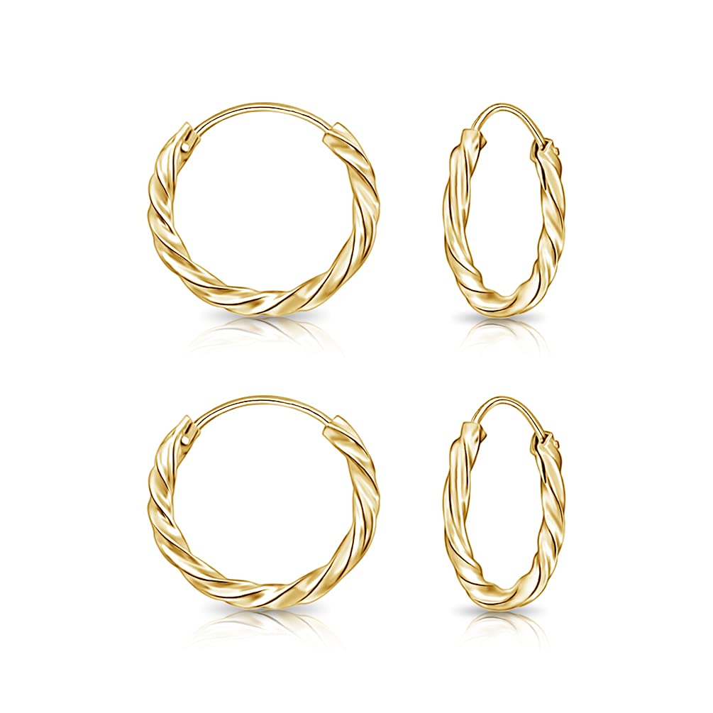 DTPsilver - Set of 2 PAIRS of TINY 925 Sterling Silver Yellow Gold Plated Twisted Hoops/Sleepers Earrings - Thickness 1.8 mm - Diameter 10 mm
