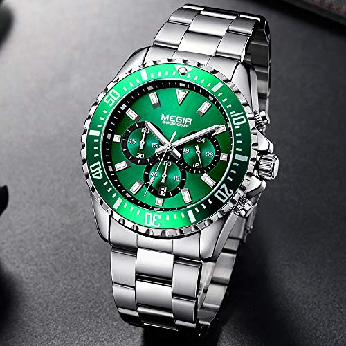 MEGIR Large Green Face Watches for Men Chronograph Quartz Wristwatch
