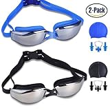 RIHACHAN Swim Goggles, Swimming Goggles Leak Free UV Protection Anti Fog, Swimming Glasses with Adjustable Shoulder Strap for Unisex Adult -Teenagers, with Swimming Caps, Nose Clips, Ear Plugs-2 pack
