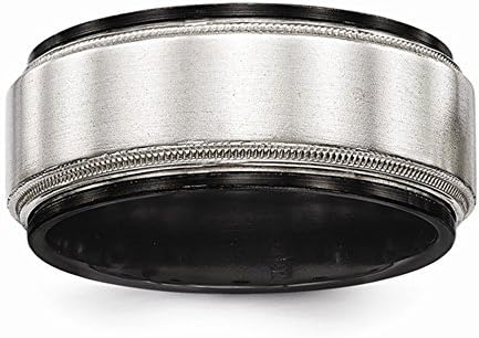 Edward Mirell Black Titanium &amp; Sterling Silver Satin and High Polish Finish Milgrain Wedding Band - Size 12.5