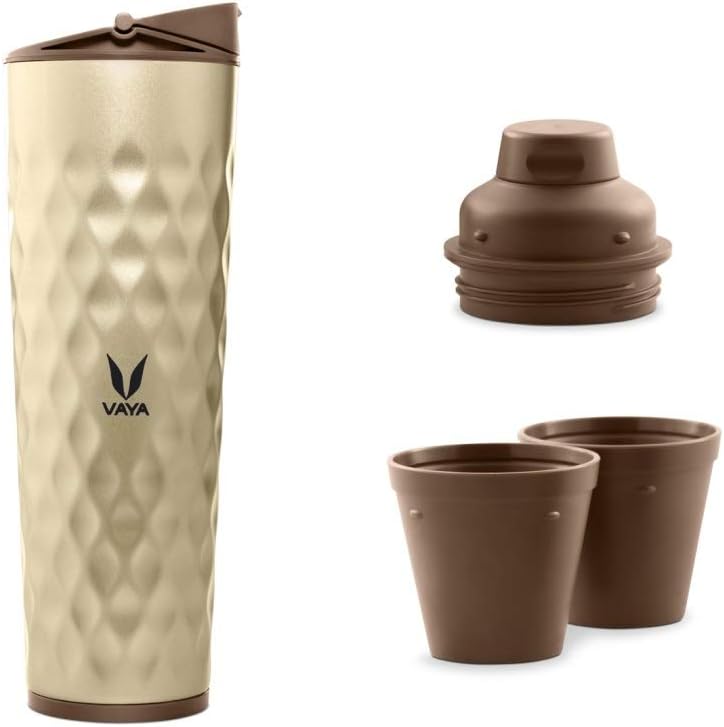 VAYA DRYNK Stainless Steel 3-in-1 Water Flask with 2 Cups, 600ml, Gold