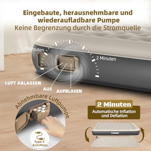 KASIMO TPU Air Mattress Self-Inflating, Air Bed for 1 Person, Guest Bed with Integrated Electric Pump, Inflatable Mattress with Cushion, Air Mattress 190 x 90 x 22 cm for Guests at Home and Camping