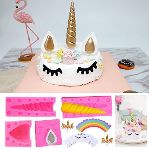 Kabi 5PCS Unicorn Silicone Cake Toppers Mold Set for Baking Cake Decoration Making Sugar Craft Candy Chocolate,with Unicorn Cupcake Toppers & Wrappers Double Sided 12 Sets