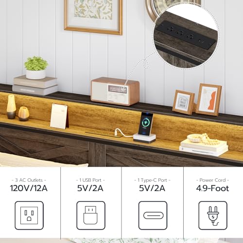 HOOBRO Full Size Bed Frame, Bed Frame with Charging Station and LED Lights, Headboard with Shelves, Heavy Duty Metal Frame, Noise-Free, Easy Assembly, No Box Springs Needed, Charcoal Black BC01UDBF01