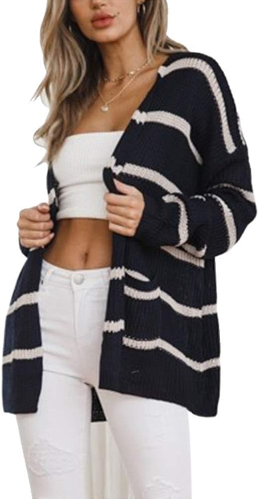 Ladies Cardigan Solid Color Comfortable Medium and Long Section Stripe