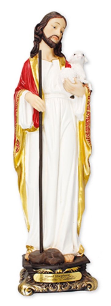 Biblegifts Jesus Good Shepherd Florentine Large Statue 12" (30 cm) Traditional Italian Design Resin Christ carrying Baby Lamb Gold Collection Boxed