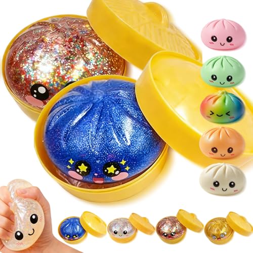 Glitter Dumpling - Glitter Dumplings Squishy,Dumpling Squishy Glitter,,Anxiety Relief Fidget, Soft Squeeze Decompression Dough (Red+Blue)