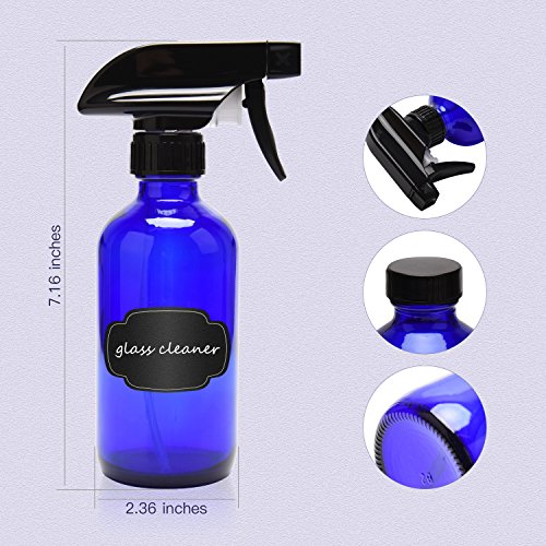 Empty Glass Spray Bottles 8oz ULG 6 Piece Boston Round Cobalt Blue Bottle Heavy Duty Black Trigger Sprayer Mist and Stream Settings Refillable Container with Scale for Essential Oils Cleaning Products